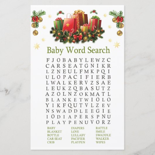 Papier Noël présente Baby shower Word Search Jeu (Devant)
