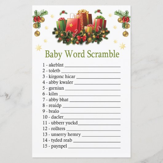 Papier Noël présente Baby word scramble jeu (Devant)