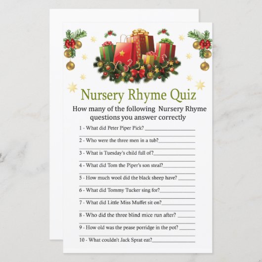 Papier Noël présente Nursery Rhyme Quiz baby shower (Devant / Derrière)
