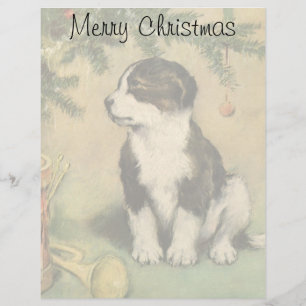 Papier Noël Vintage, Joli Chiot Sous Arbre De Noël
