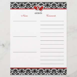 Papier Noir Blanc Rouge Damas, Coeurs Livre d'invité Livr