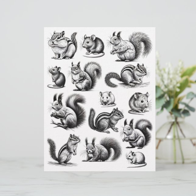 Papier Noir & Line Art Chipmunks, Écureuils, souris (Debout devant)