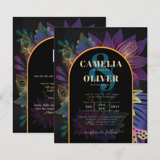 Papier Noir Peacock Jewel Tones Floral Mariage (Devant / Derrière)