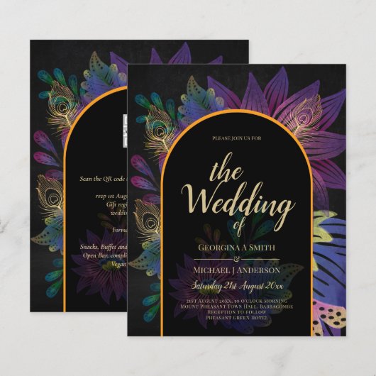 Papier Noir Peacock Jewel Tones Floral Mariage (Devant / Derrière)