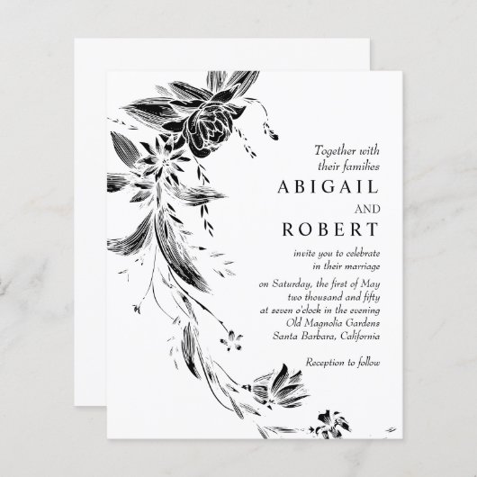 Papier Noir QR code floral BUDGET faire-part de mariage (Devant / Derrière)