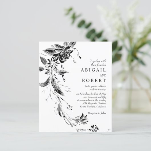 Papier Noir QR code floral BUDGET faire-part de mariage (Debout devant)