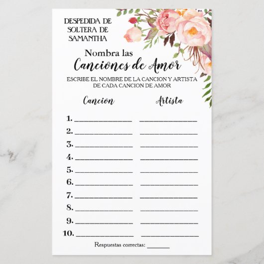 Papier Nom cette chanson nuptiale douche anglais jeu espa (Dos)