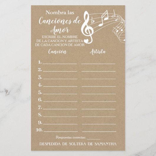 Papier Nom cette chanson nuptiale douche anglais jeu espa (Dos)