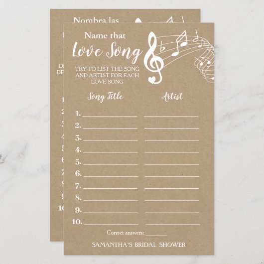 Papier Nom cette chanson nuptiale douche anglais jeu espa (Devant / Derrière)