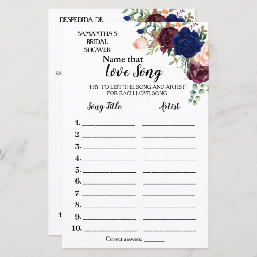 Papier Nom cette chanson nuptiale douche anglais jeu espa (Devant / Derrière)