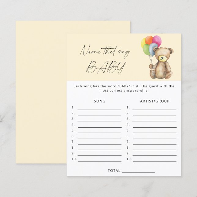 Papier Nom de cette chanson jeu de baby shower - Ours (Devant / Derrière)