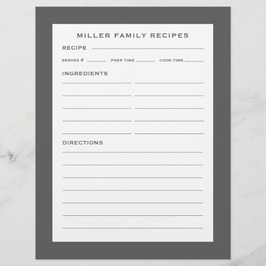 Papier Nom de famille Recette Insertion | Gris simple et (Devant)