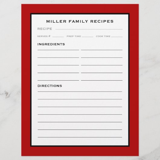 Papier Nom de famille Recette Insertion | Noir rouge et b (Devant)