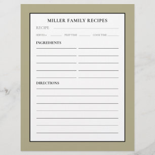 Papier Nom de famille Recette Insertion Sage noir et bl