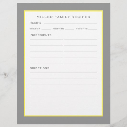 Papier Nom de famille + Recettes | Simple gris jaune et b (Devant)