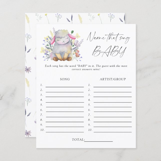 Papier Nom de la chanson jeu de baby shower - agneau (Devant / Derrière)