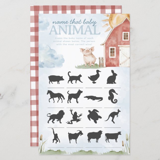 Papier Nom de la ferme qui animal Baby shower jeu (Devant / Derrière)