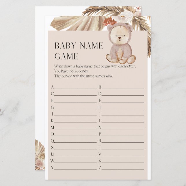 Papier Nom du Baby shower de grossesse Jeu (Devant / Derrière)