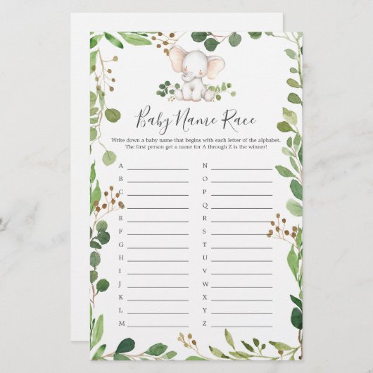 Papier Nom du Baby shower éléphant Jeu de course (Devant / Derrière)