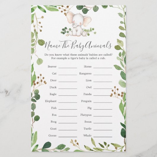 Papier Nom du Baby shower éléphant Les bébés animaux (Devant)