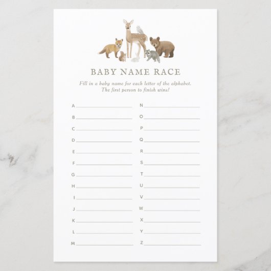 Papier Nom du bébé Course Woodland Baby shower Jeu (Devant)