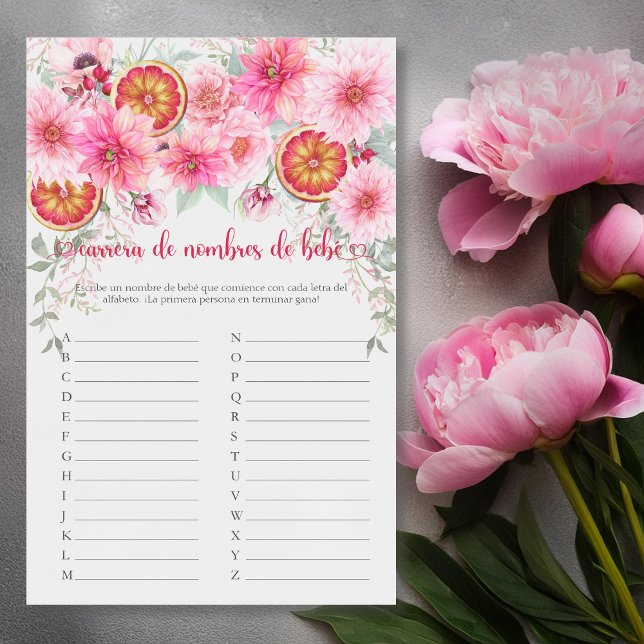 Papier Nom du bébé espagnol Race Baby shower rose jeu (Spanish baby name race citrus with pink flowers baby shower game, girl baby shower,)