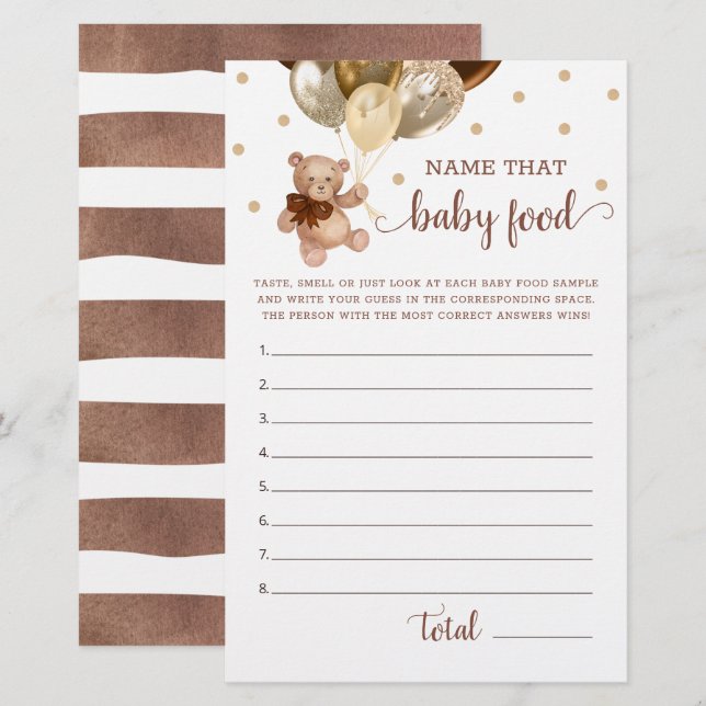 Papier Nom du jeu de nourriture pour bébé Teddy Bear  (Devant / Derrière)