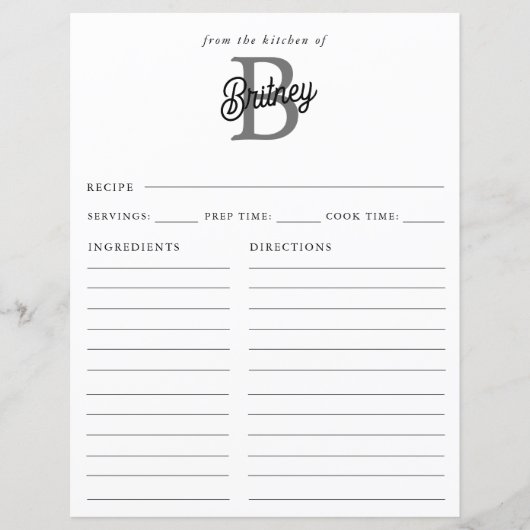 Papier Nom du monogramme moderne Recette de script gris n (Devant)