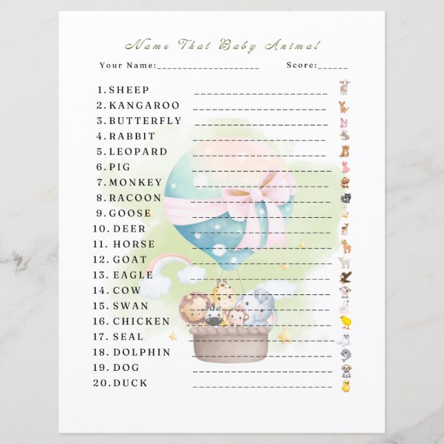 Papier "Nom que Bébé animal jeu" Sage Green Animal Saf (Devant)