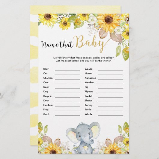 Papier Nom que bébé animaux baby shower jeu (Devant / Derrière)