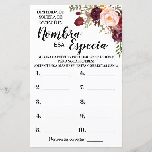 Papier Nom que Spice nuptiale douche anglais jeu espagnol (Dos)