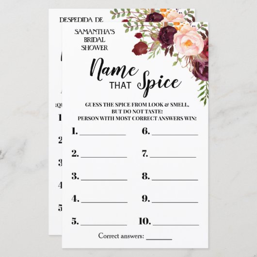 Papier Nom que Spice nuptiale douche anglais jeu espagnol (Devant / Derrière)