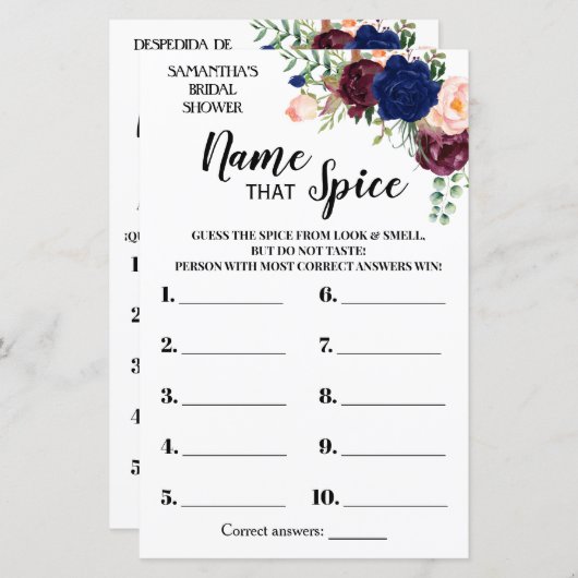 Papier Nom que Spice nuptiale douche anglais jeu espagnol (Devant / Derrière)