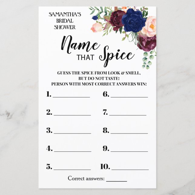 Papier Nom que Spice nuptiale douche anglais jeu espagnol (Devant)