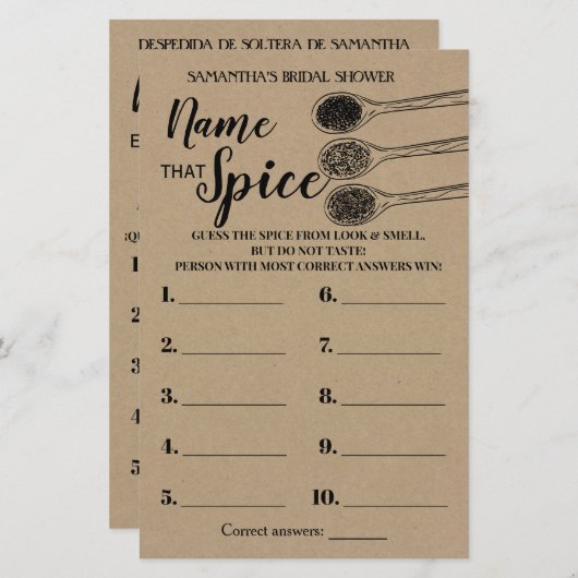 Papier Nom que Spice nuptiale douche jeu anglais espagnol (Devant / Derrière)