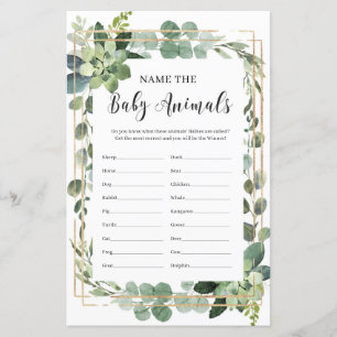 Papier Nom Succulent le bébé animaux jeu de baby shower