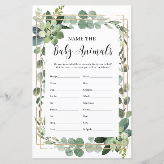 Papier Nom Succulent le bébé animaux jeu de baby shower (Devant)