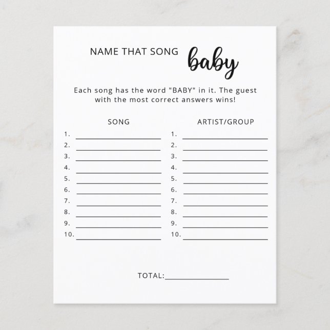 Papier Nommez ce jeu de baby shower de chanson (Devant)