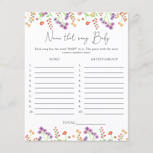 Papier Nommez cette chanson \ jeu de baby showers Fleur s (Devant)