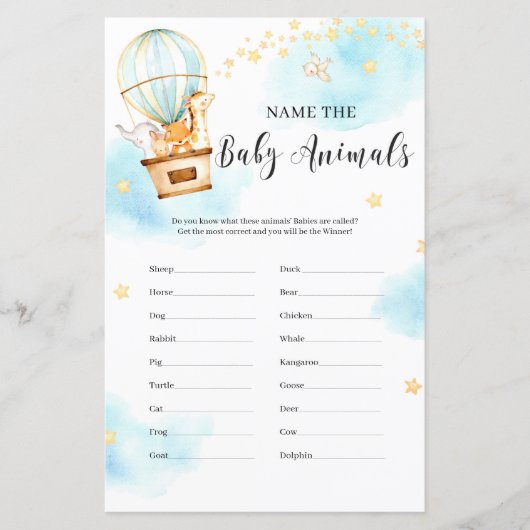 Papier Nommez les bébés animaux Baby shower gibier animau (Devant)