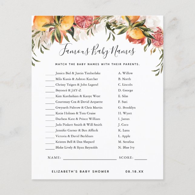 Papier Noms de bébés célèbres | Jeu Baby shower (Devant)