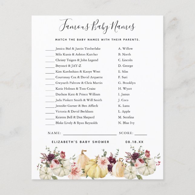 Papier Noms de bébés célèbres | Jeu Baby shower (Devant)