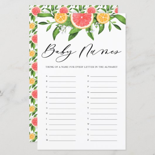 Papier Noms des bébés pamplemousse Alphabet Baby shower J (Devant / Derrière)