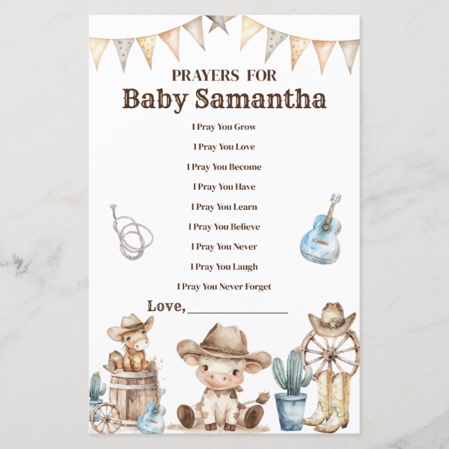 Papier Nos prières de Baby shower de petit cowboy pour bé (Devant)