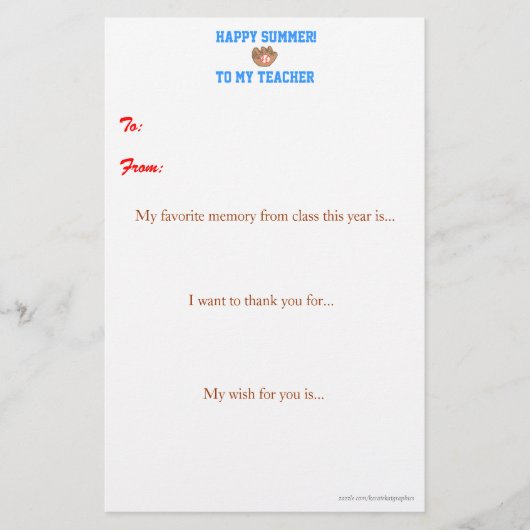 Papier Note de remerciement du professeur de fin d'année (Devant)