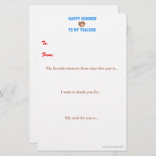 Papier Note de remerciement du professeur de fin d'année (Devant / Derrière)