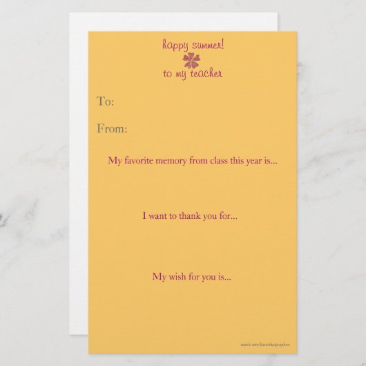 Papier Note de remerciement du professeur de fin d'année (Devant / Derrière)