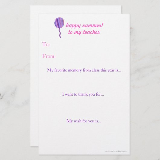 Papier Note de remerciement du professeur de fin d'année (Devant / Derrière)