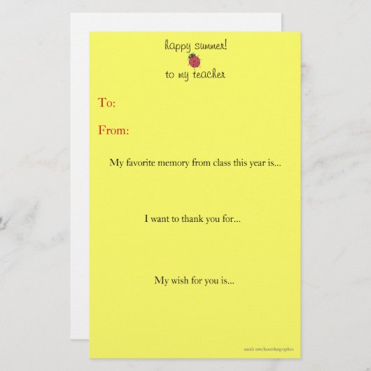 Papier Note de remerciement du professeur de fin d'année (Devant / Derrière)