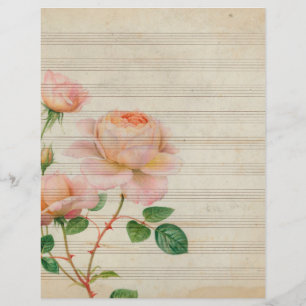 Papier notes de musique sépia vintages avec rose rose